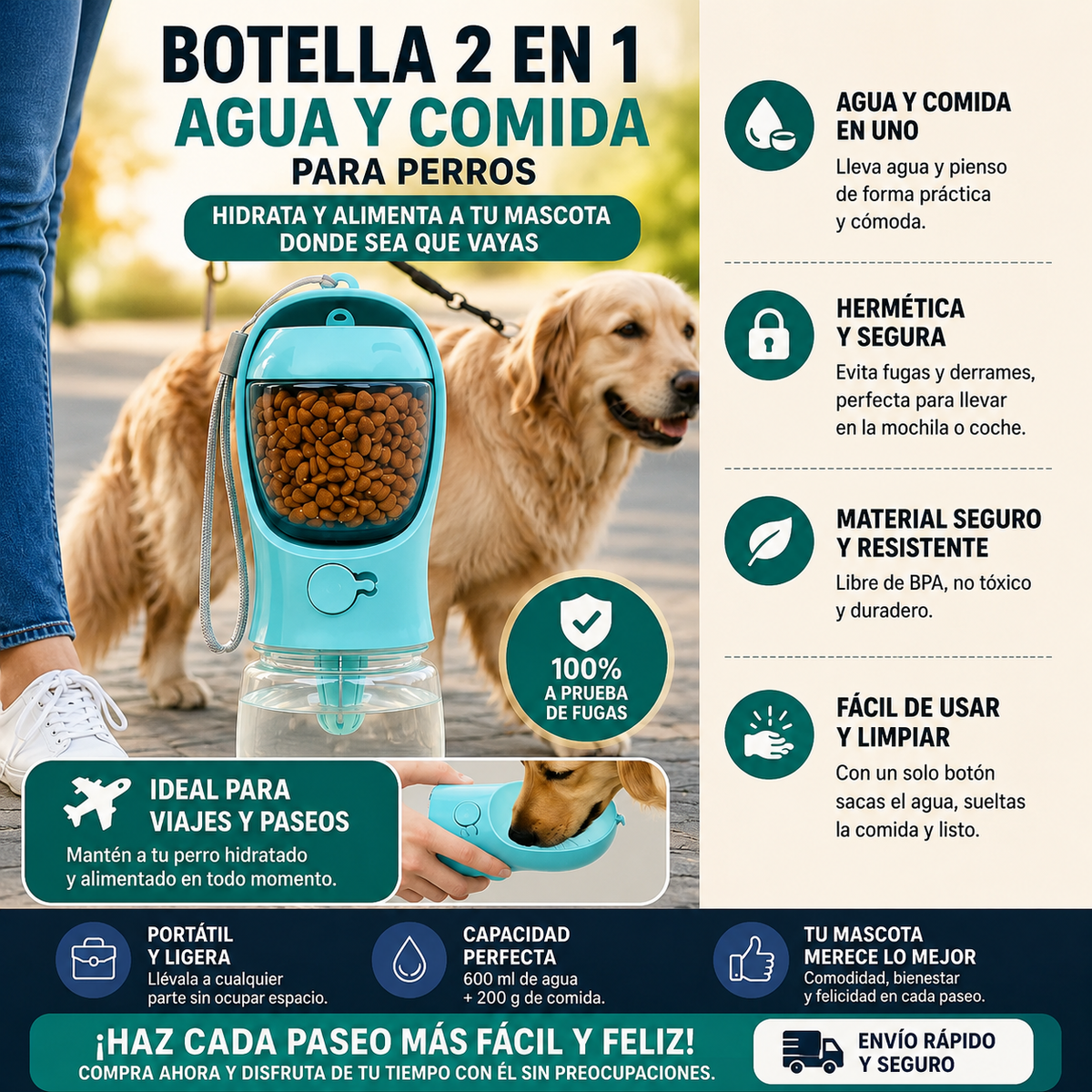 Botella de agua y comida portátil para perros y gatos