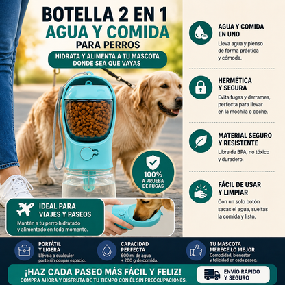 Botella de agua y comida portátil para perros y gatos