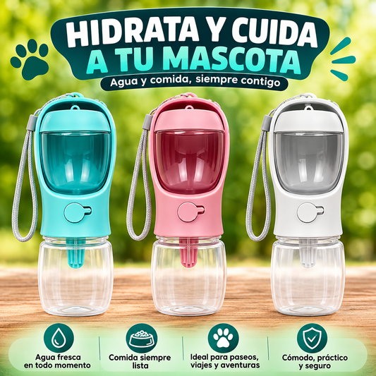 Botella de agua y comida portátil para perros y gatos